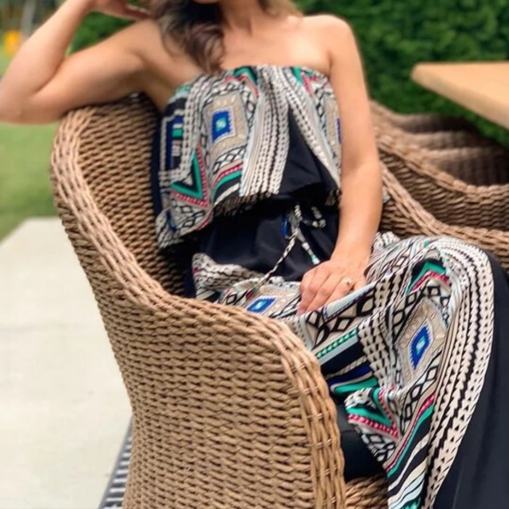 Mossimo Womens Black Off The Shoulder Boho Abstract Maxi Dress Cover Up Size L